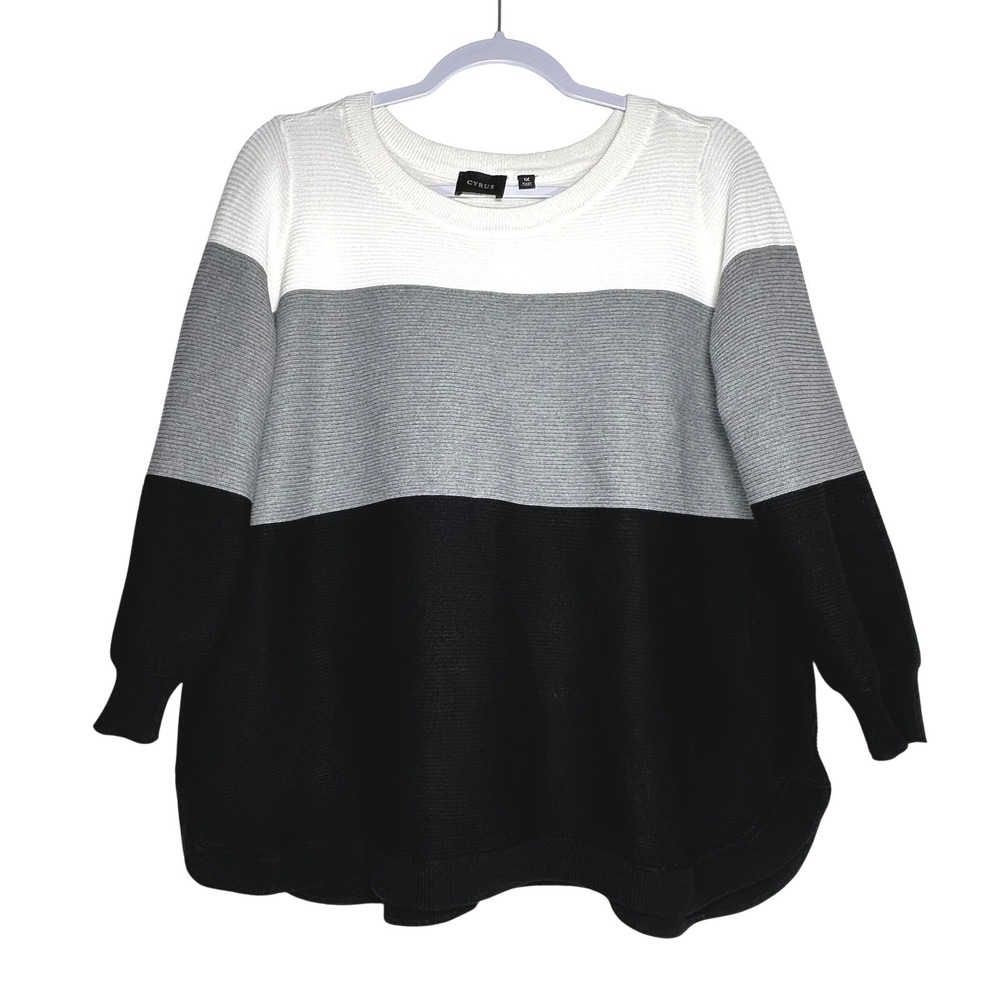 Cyrus‎ Womens Colorblock Ribbed Knit Sweater Black White Grey 1X XL